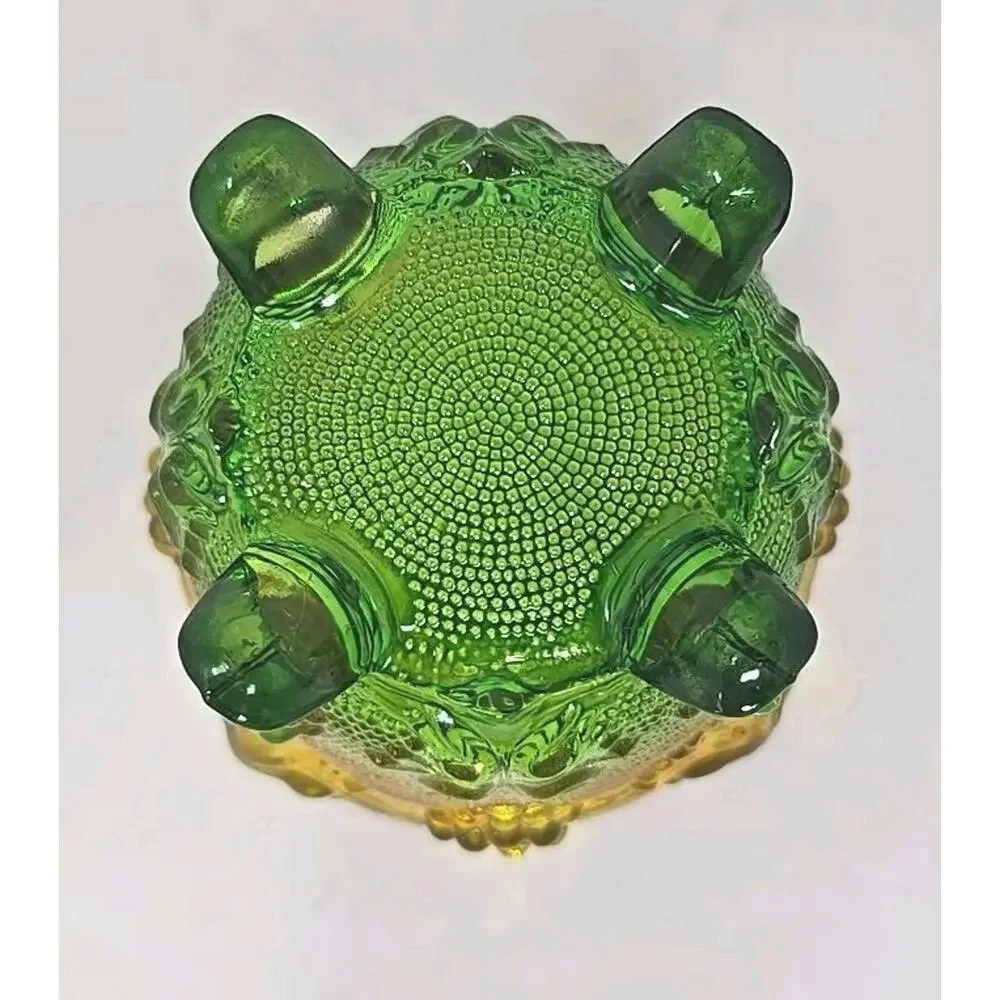 Vintage Carnival Glass footed Bowl Green Yellow Glass‎ Grapes U247